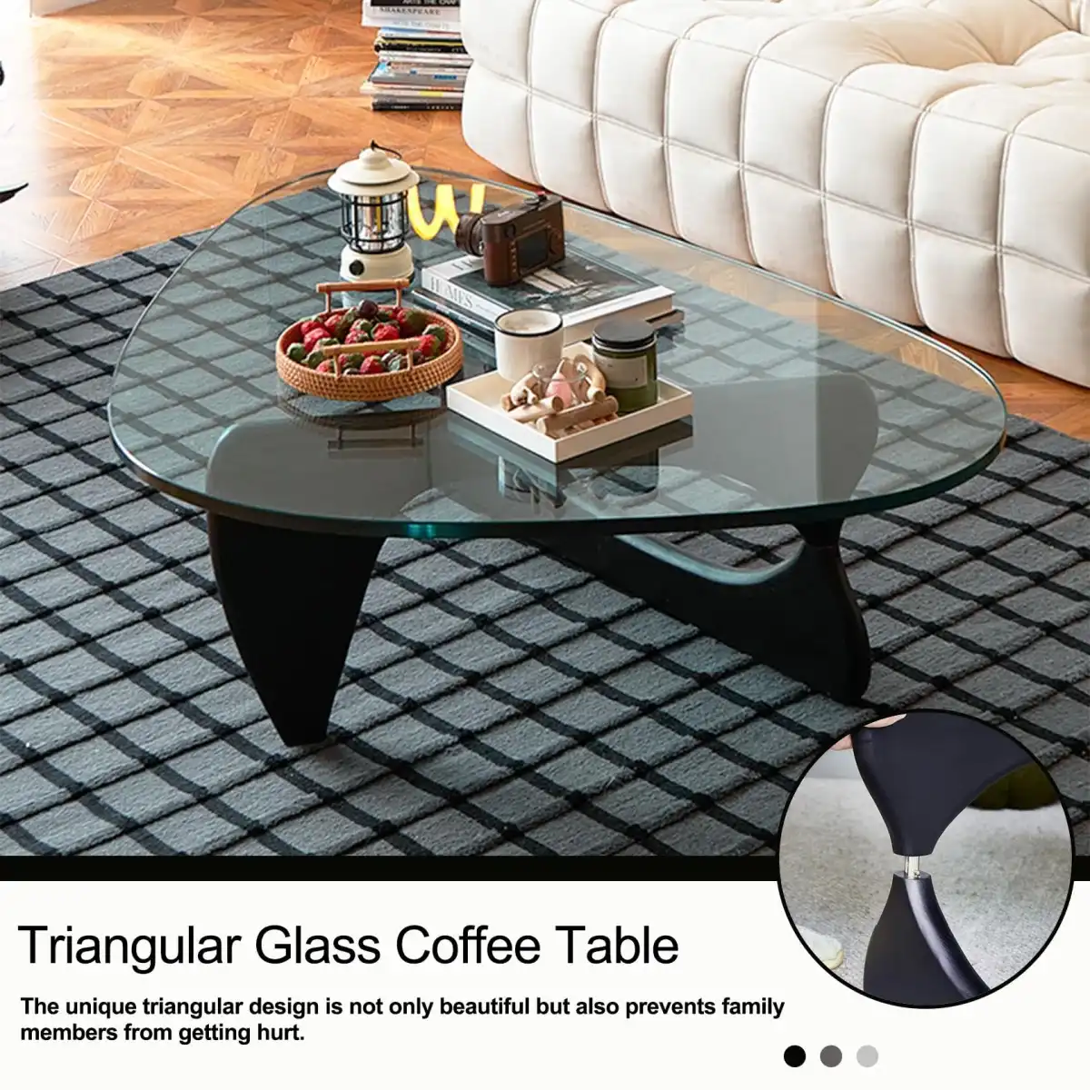 Coffee Table - Triangle Glass Coffee Table with Solid Wood Base Minimalist Modern Design Mid-Century Vintage End Table for Living Room Patio Study, 32.3  22.9  15.8 - Image 4