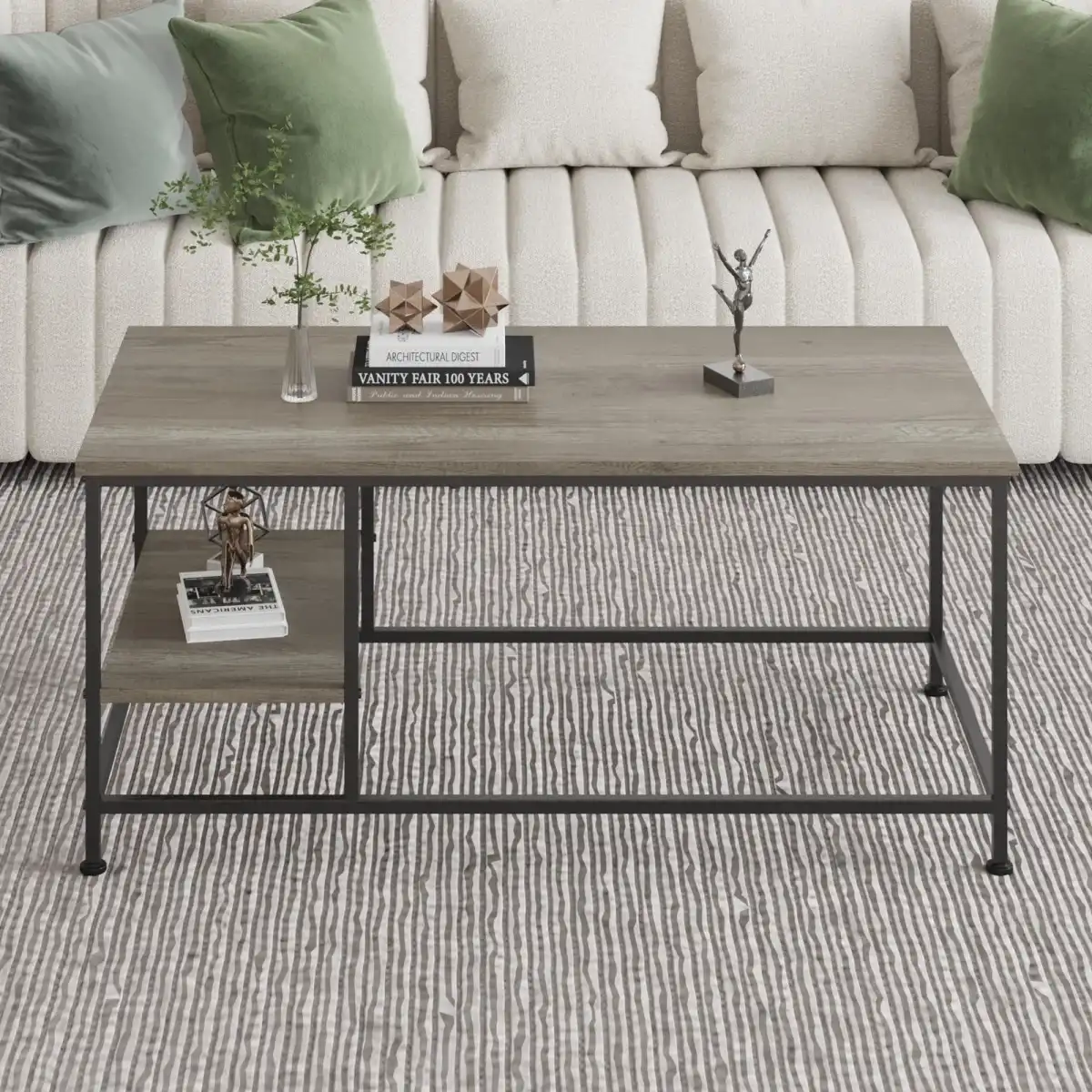 SENIG Grey Oak Rectangle Wood and Metal Coffee Table with Storage Shelf for Small Living Rooms with Shelf - Image 2