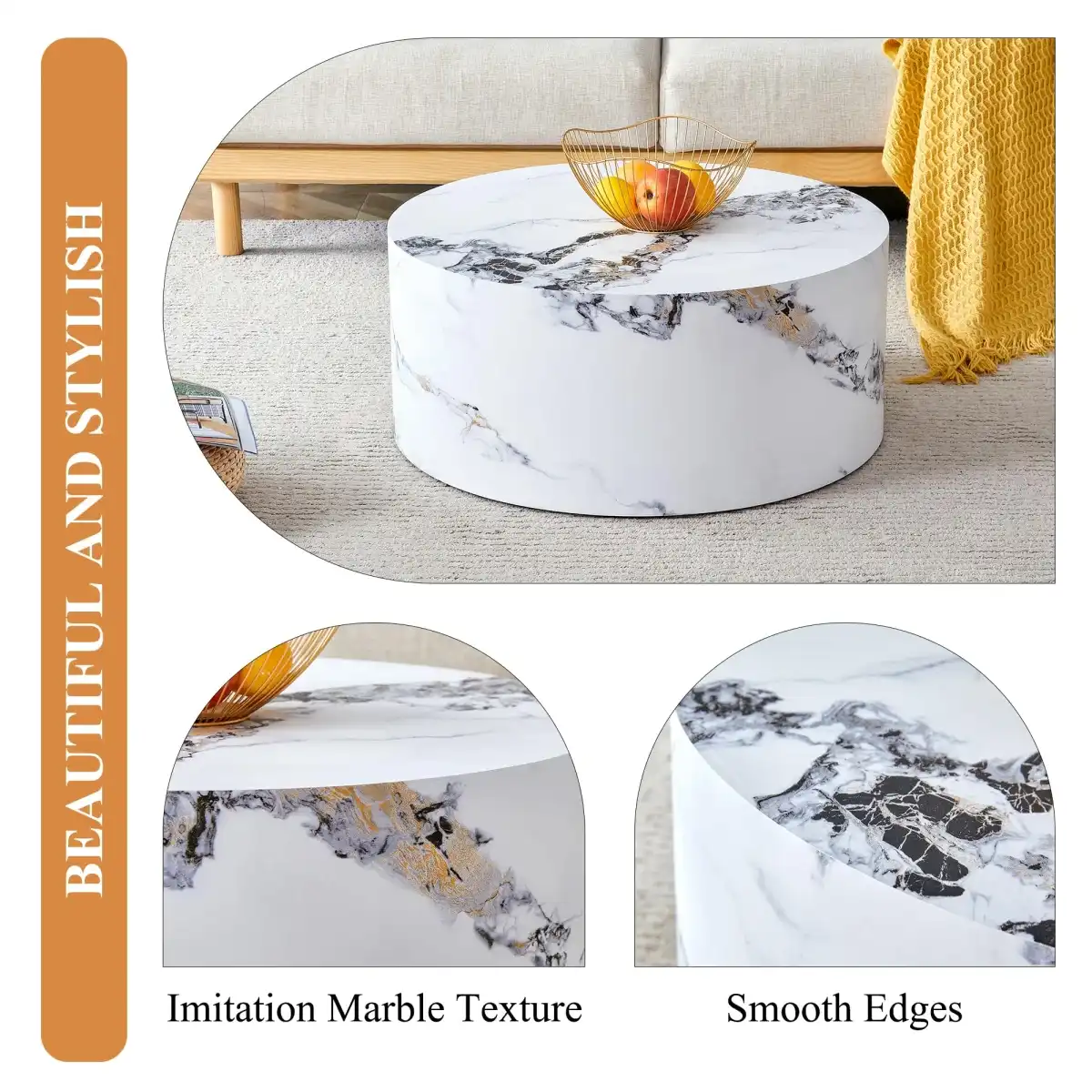 3 Piece Coffee Table Set of 3, Round Coffee Table and End Table Sets with Faux Marble Cylinder, Mordern Coffee Tables and Side Table Set for Living Room Apartment Office, No Assembling, White X 3 - Image 4