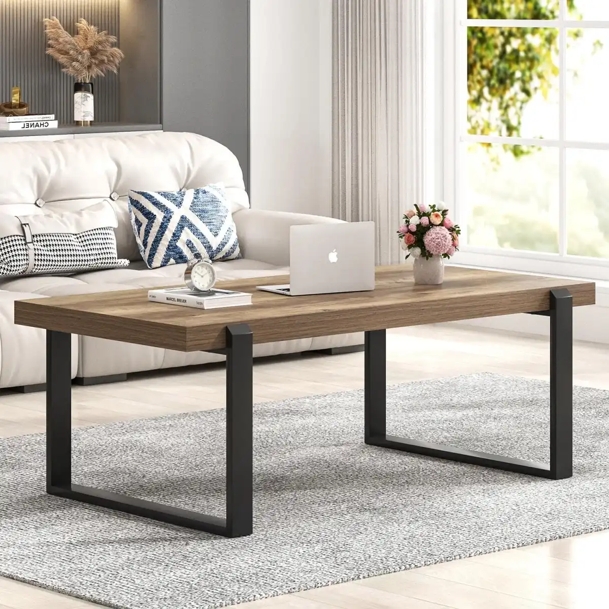 FOLUBAN Rustic Coffee Table, Modern Wood and Metal Industrial Center Table for Living Room, 47 Inch Oak - Image 2