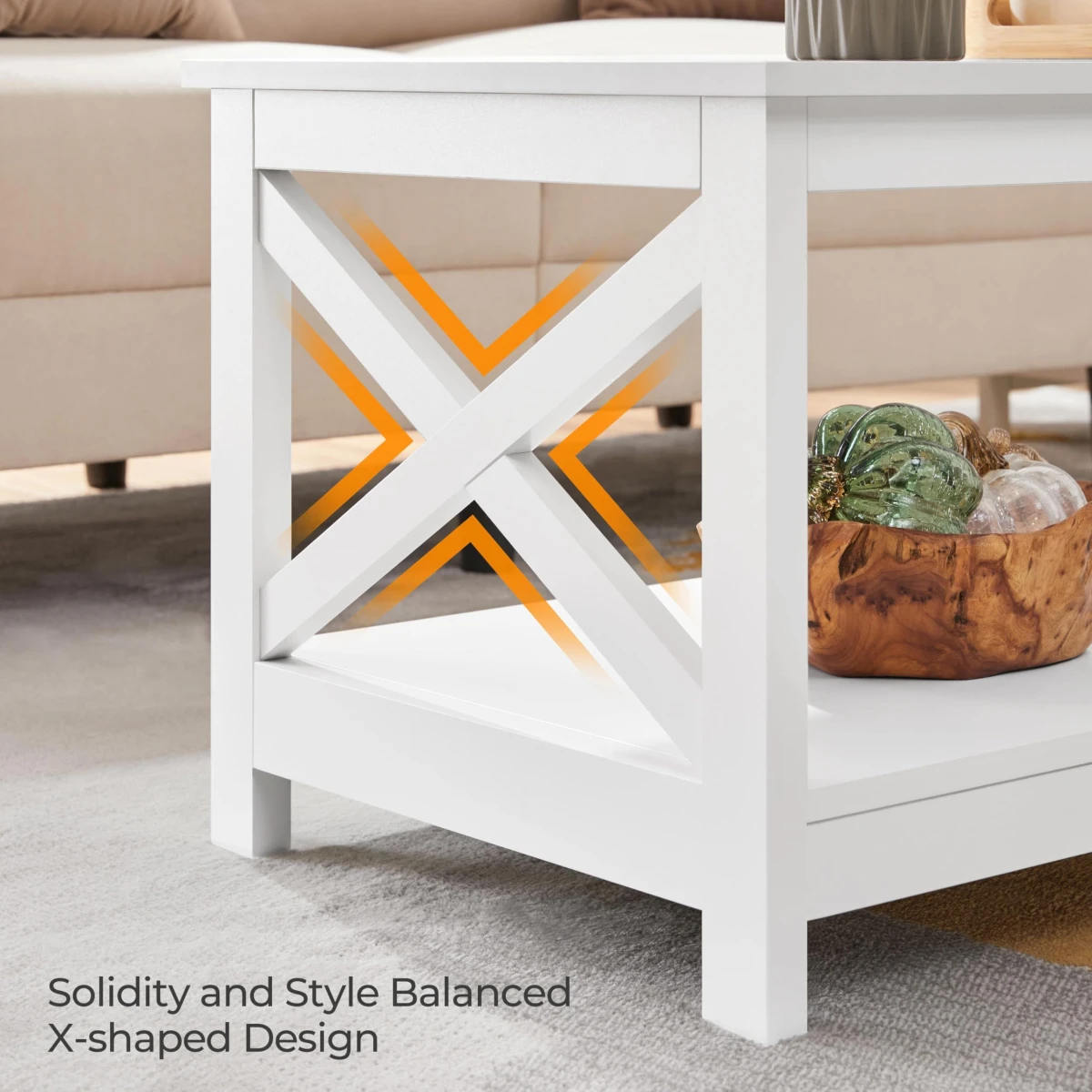 Yaheetech Wood 2-Tier White Coffee Table with Storage Shelf for Living Room, X Design Accent Cocktail Table, Simple Design Home Furniture, 39.5 x 20 x 18 Inches - Image 6