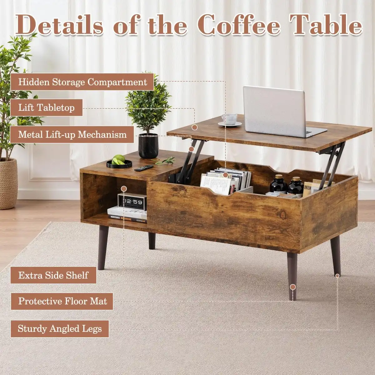 OLIXIS Wood Lift Top Coffee Table with Hidden Compartment and Large Storage Shelf, Lift Tabletop Dining Center Table for Home Living Room Office, Natural Wood - Image 4