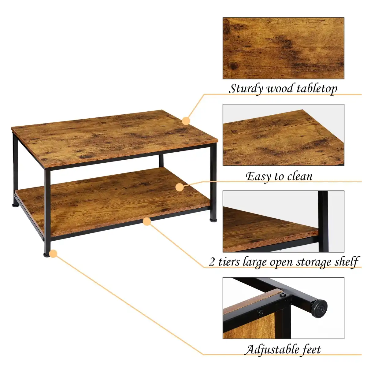 SUPER DEAL 2-Tier Industrial Coffee Table with Storage Shelf for Small Apartment Living Room, Rectangle Wood and Stable Metal TV Stand Side End Table, Retro Brown - Image 5