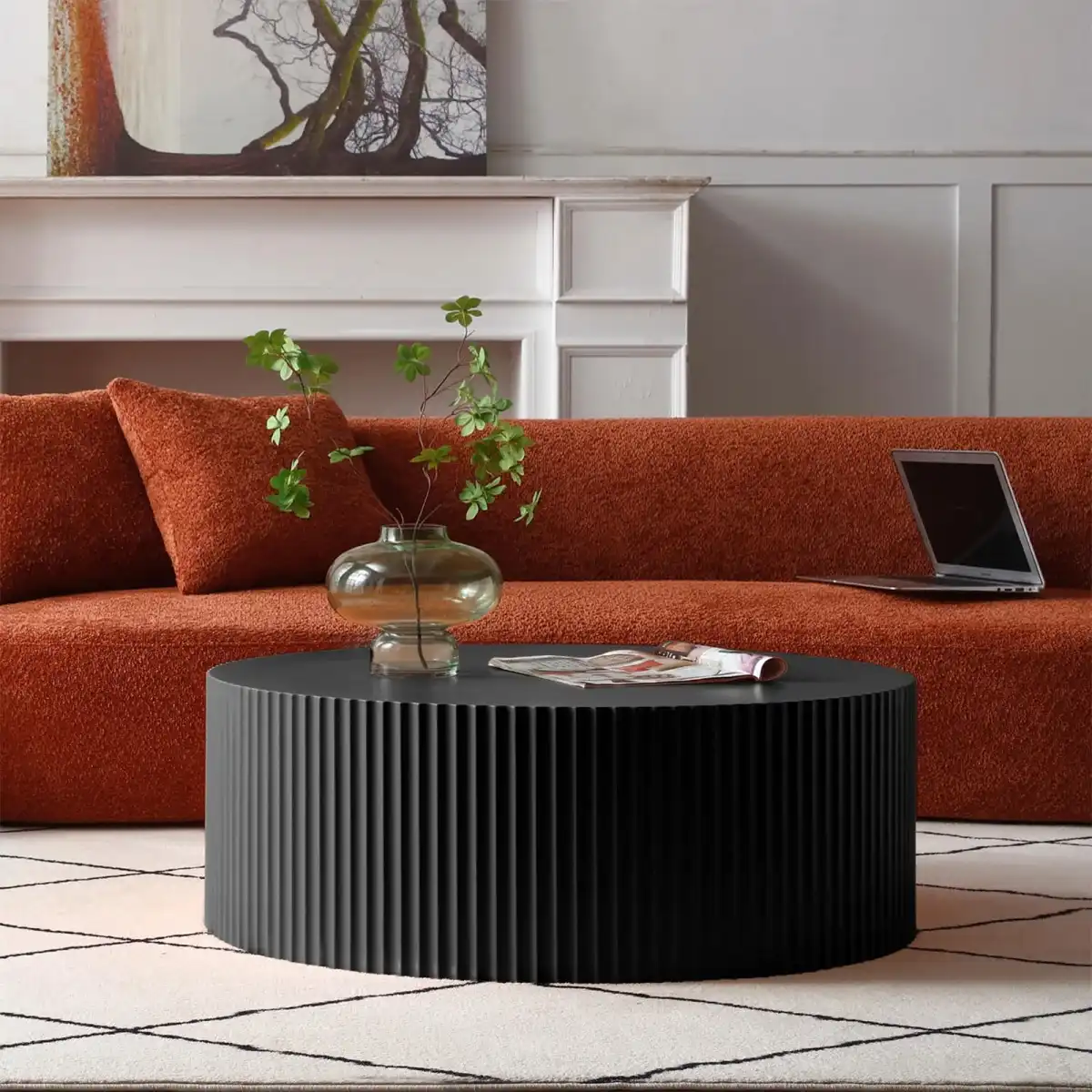 YSJZYBF Round Coffee Table, 35.43" Modern Minimalist Center Table Tea Table with Relief Design for Living Room Apartment Small Space (Matt Black) - Image 1