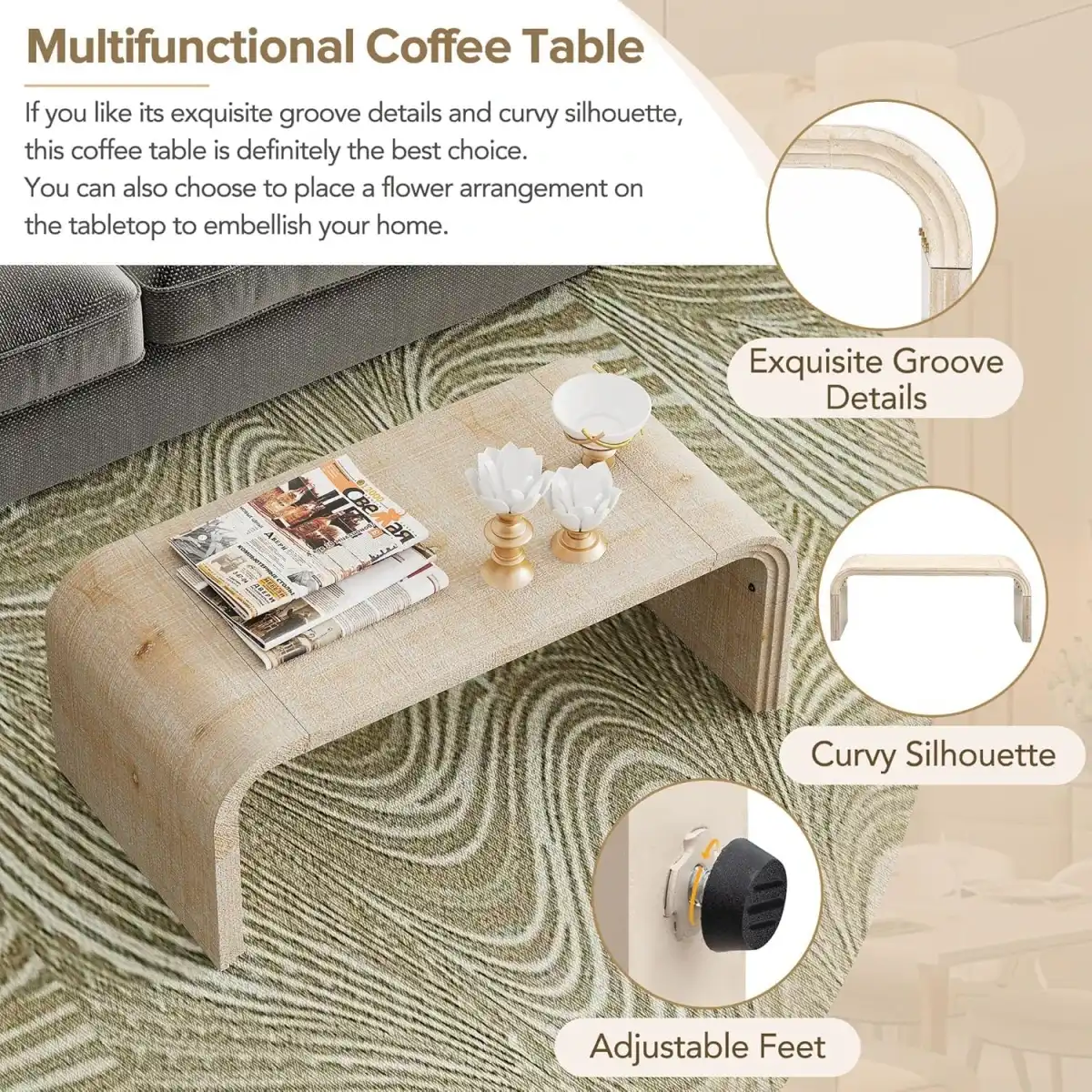 Virubi 55'' Square Coffee Table Tea Table Wood Minimalist Curved Living Room Center Table for Living Room (Natural Wood) - Image 7