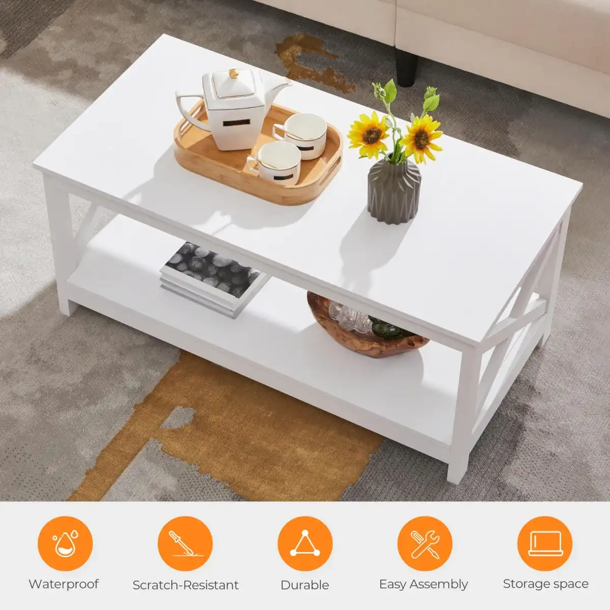 Yaheetech Wood 2-Tier White Coffee Table with Storage Shelf for Living Room, X Design Accent Cocktail Table, Simple Design Home Furniture, 39.5 x 20 x 18 Inches - Image 5