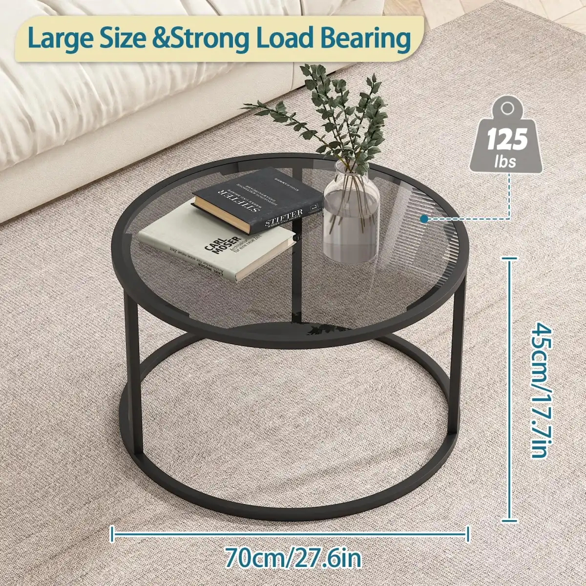 Glass Coffee Table Modern Center Table,Minimalist Round Coffee Tea Table,Tempered Glass-top with Sturdy Metal Frame for Living Room Bedroom Office and Small Space, 27 x 27 x 17 Inch,Gray Black - Image 2