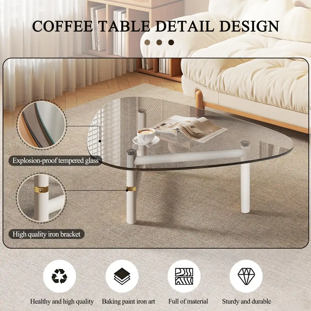 dnziqi 35.5" Small Triangle Coffee Table for Living Room, Tempered Glass Top & Sturdy Metal Legs, Space-Saving Modern Center Table for Apartments, Compact Oval Design with Easy Assembly - Image 3