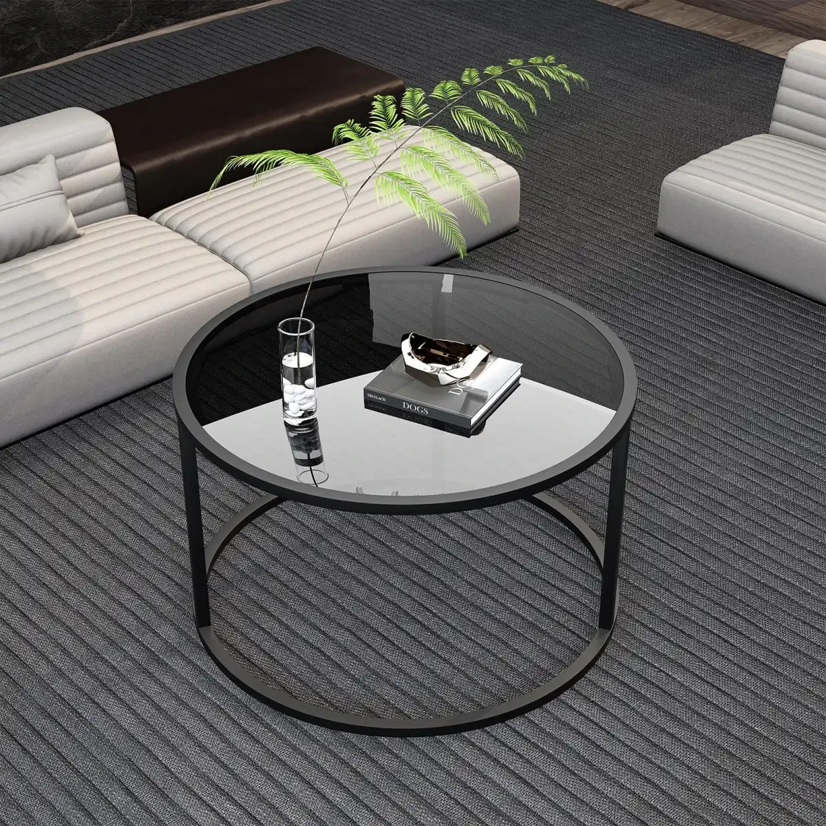 Glass Coffee Table Modern Center Table,Minimalist Round Coffee Tea Table,Tempered Glass-top with Sturdy Metal Frame for Living Room Bedroom Office and Small Space, 27 x 27 x 17 Inch,Gray Black - Image 6