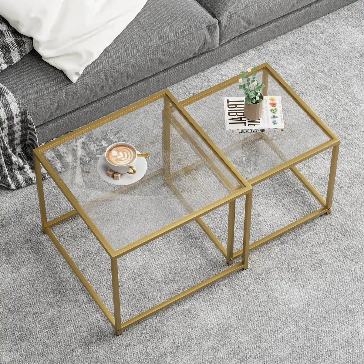Adompacat Glass Coffee Table Gold,Nesting Tables Set of 2, Minimalist Coffee Side End Tables for Small Spaces, Sofa Side Tea Coffee Table with Metal Frame for Home, Office, Space-Saving - Image 1