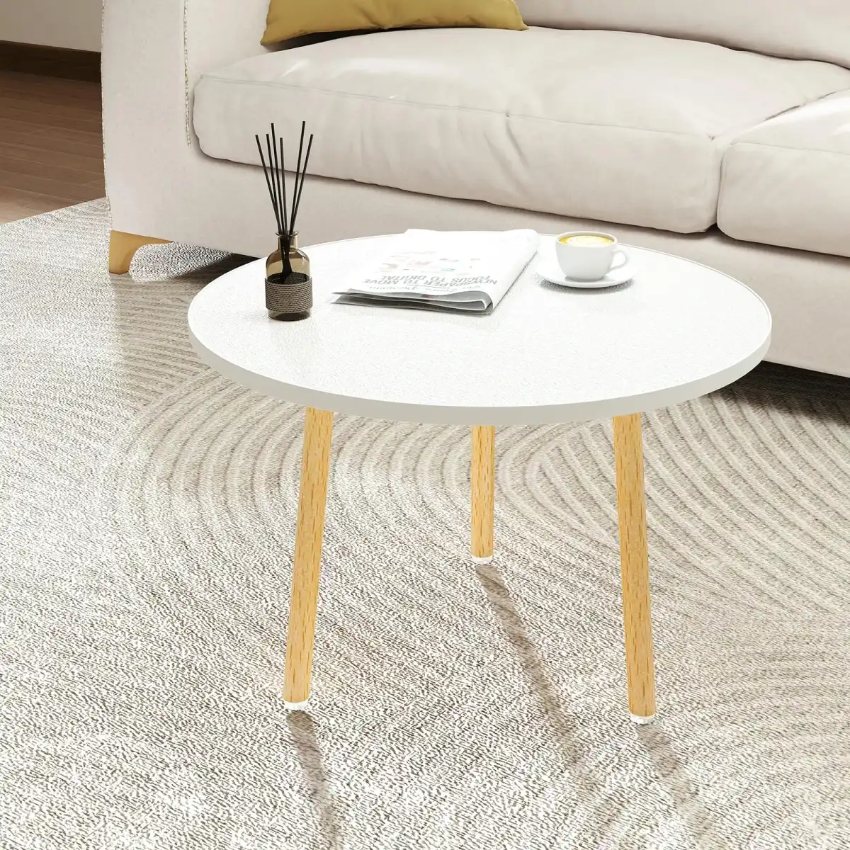 Funecy Round Coffee Table Low Table with 3 Solid Wood Sturdy Legs, Floor Table Desk for Sitting on The Floor, Storage and Living Room Furniture (White) - Image 3