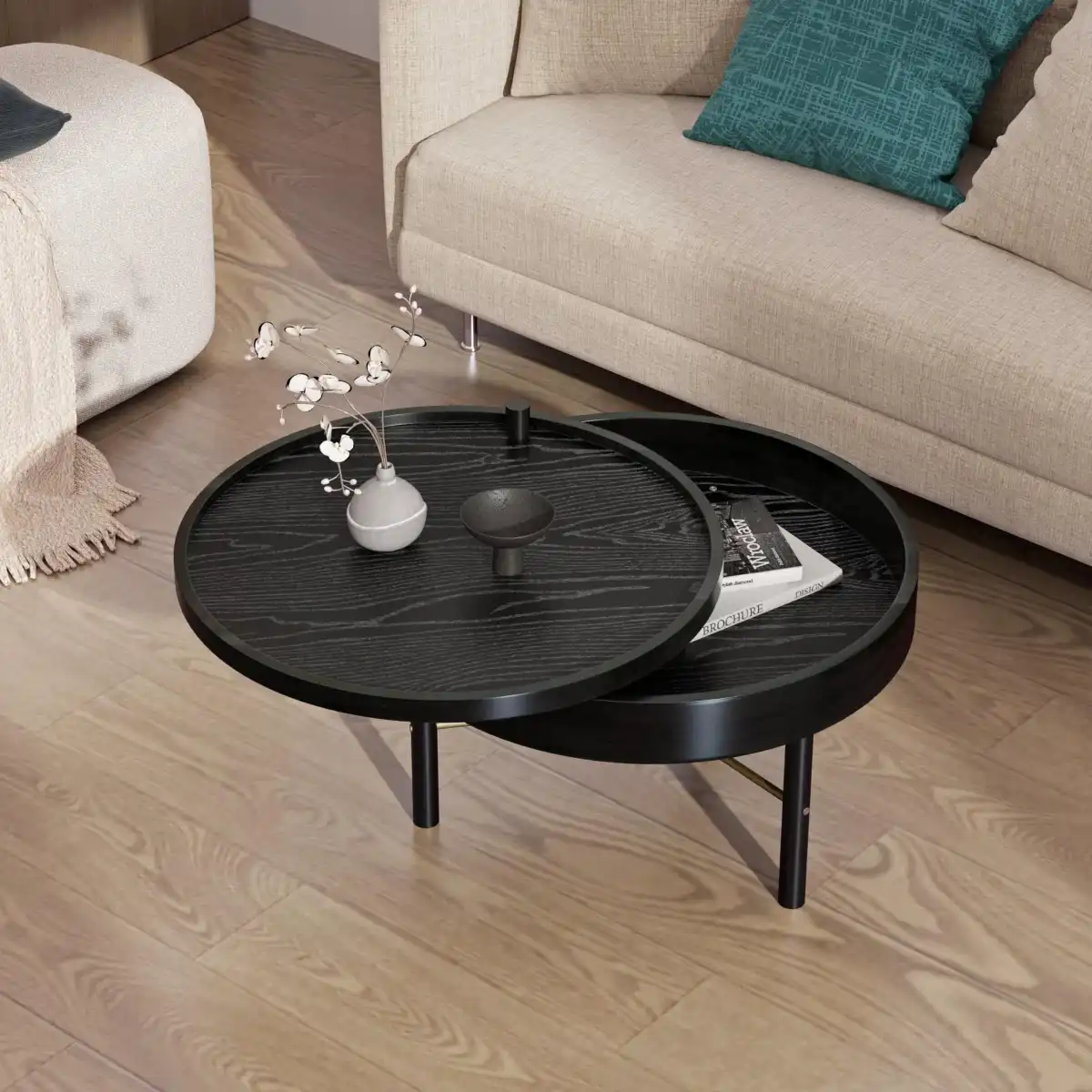 24" Coffee Table, Modern Round Wood Rotating Tray Coffee Table with Storage, Minimalist Circle Coffee Table with Metal Legs, Black Small Round Storage Coffee Tables Center Table for Living Room - Image 1