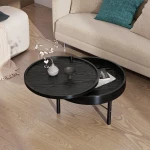 24" Coffee Table, Modern Round Wood Rotating Tray Coffee Table with Storage, Minimalist Circle Coffee Table with Metal Legs, Black Small Round Storage Coffee Tables Center Table for Living Room