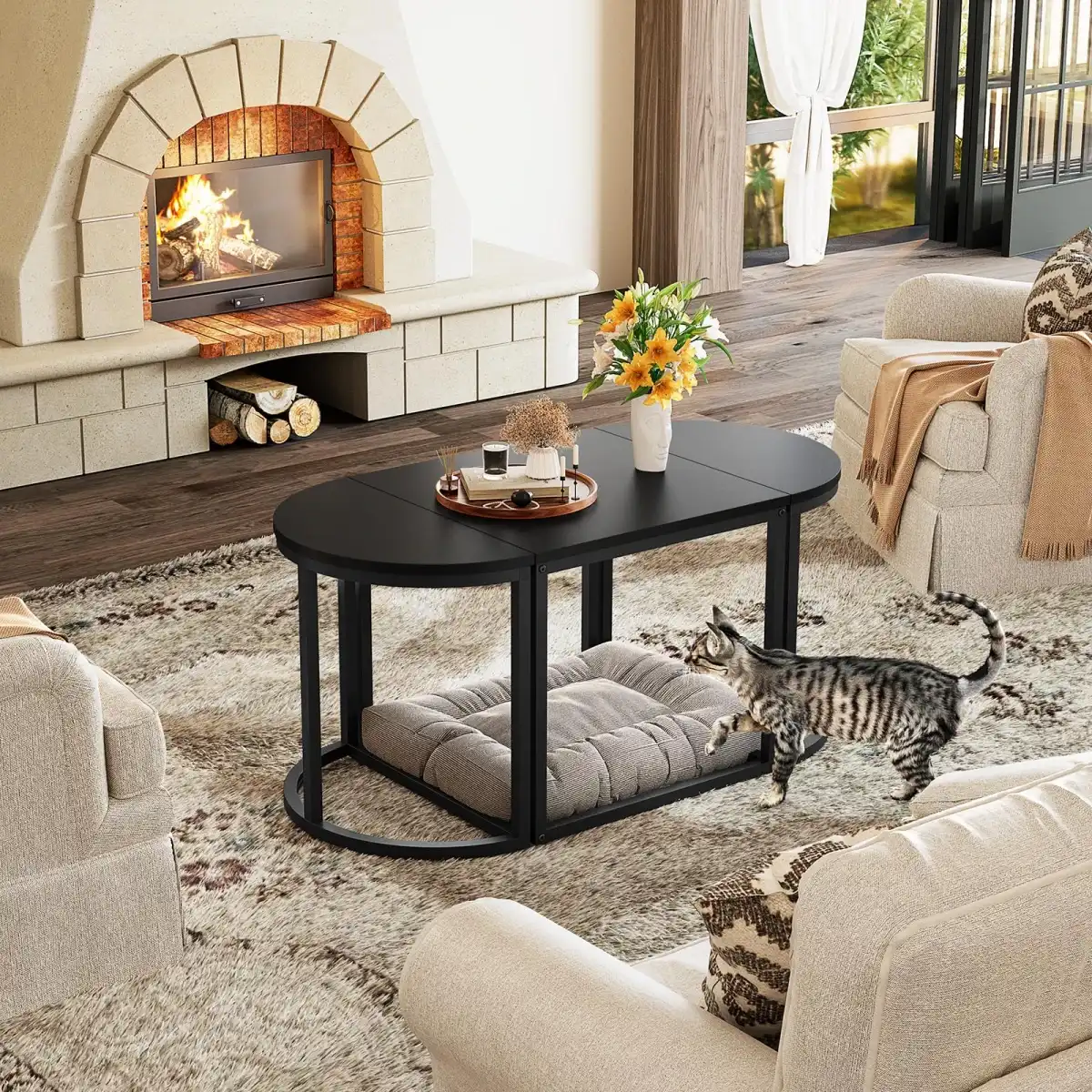 GreenForest Coffee Table Oval 3pcs Set, Modern Living Room Table with 2 End Tables, Small Center Table with Metal Frame for Home Apartment, Black - Image 4