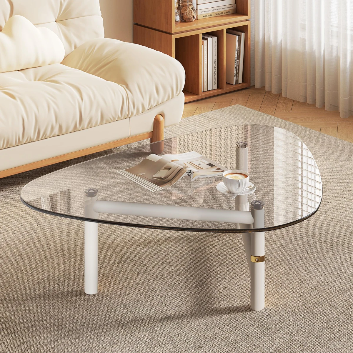 dnziqi 35.5" Small Triangle Coffee Table for Living Room, Tempered Glass Top & Sturdy Metal Legs, Space-Saving Modern Center Table for Apartments, Compact Oval Design with Easy Assembly - Image 1