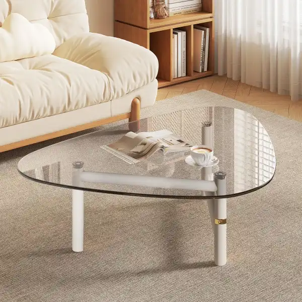 dnziqi 35.5" Small Triangle Coffee Table for Living Room, Tempered Glass Top & Sturdy Metal Legs, Space-Saving Modern Center Table for Apartments, Compact Oval Design with Easy Assembly