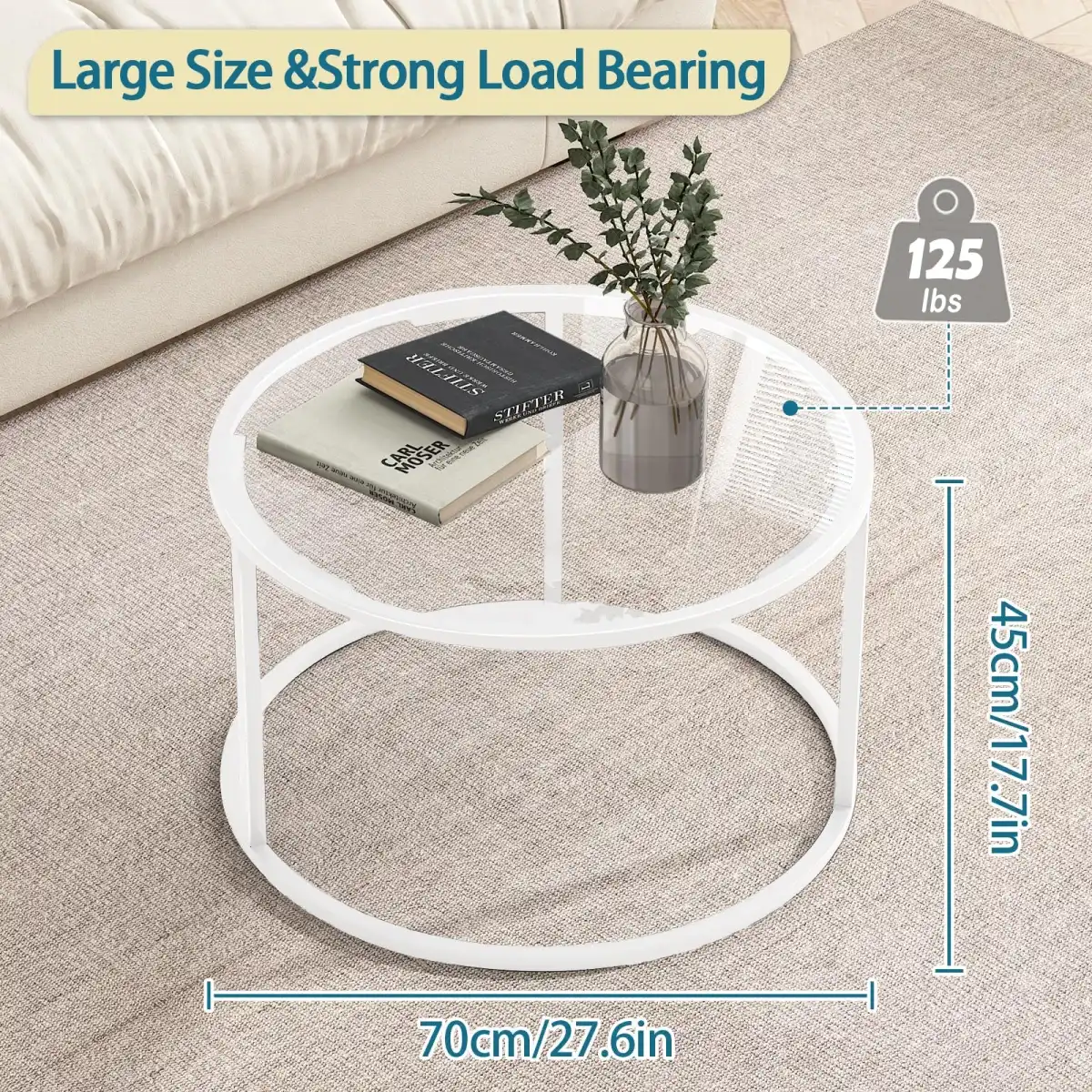 Glass Coffee Table Modern Center Table,Minimalist Coffee Table Sofa Side Tea Table for Living Room,Tempered Glass-top with Sturdy Metal Frame, Easy Assembly, 27 x 27 x 17 Inch,White - Image 3