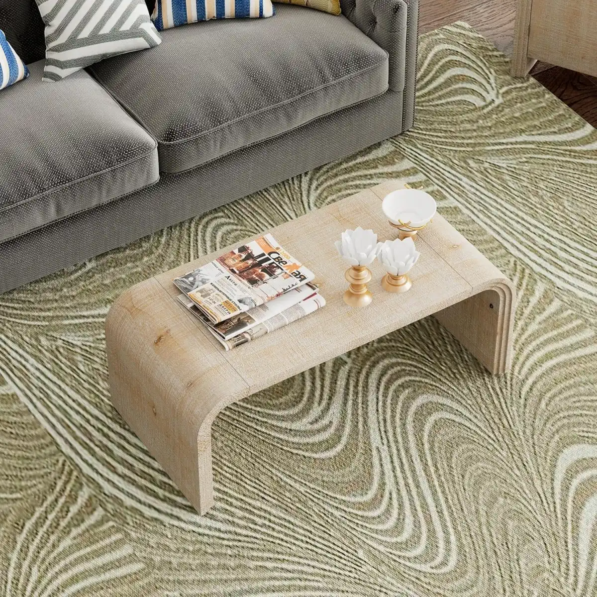 Virubi 55'' Square Coffee Table Tea Table Wood Minimalist Curved Living Room Center Table for Living Room (Natural Wood) - Image 3