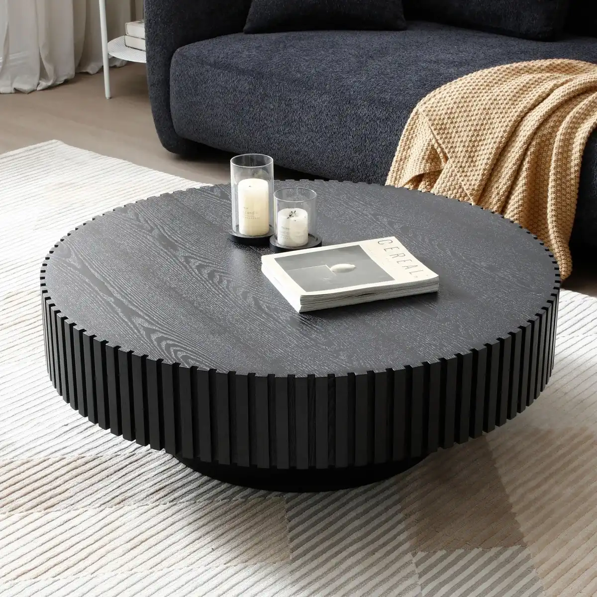 KEVINSPACE Black Round Coffee Table for Living Room Wood CoffeeTableRound Wood CoffeeTabl CircleCoffeeTable Modern Farmhouse Center TableCoffee Table Home Furniture 39.37" - Image 1