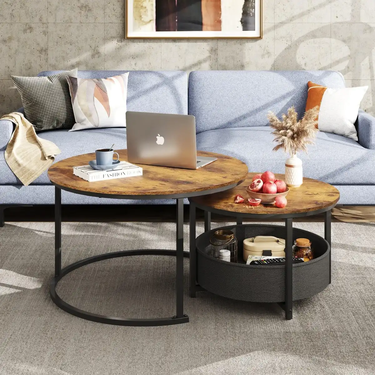 WLIVE Round Coffee Table Set of 2, 31.5" Nesting Coffee Table with Storage, Industrial Minimalist Center Table with Metal Frame, Easy Assembly for Living Room, Apartment, Rustic Brown - Image 2