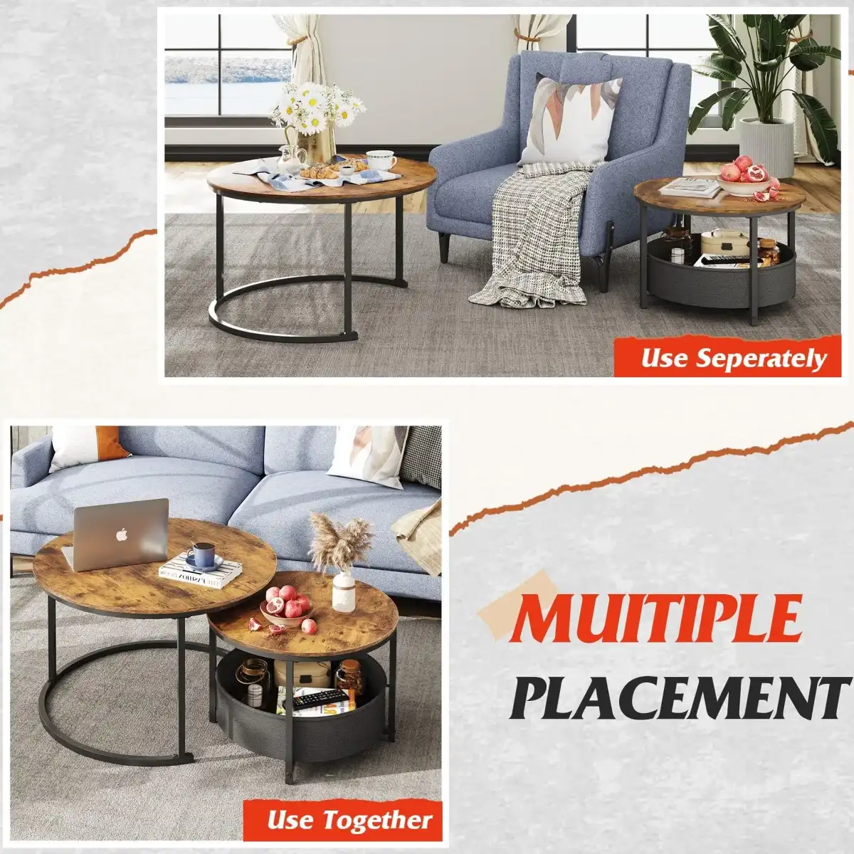 WLIVE Round Coffee Table Set of 2, 31.5" Nesting Coffee Table with Storage, Industrial Minimalist Center Table with Metal Frame, Easy Assembly for Living Room, Apartment, Rustic Brown - Image 5