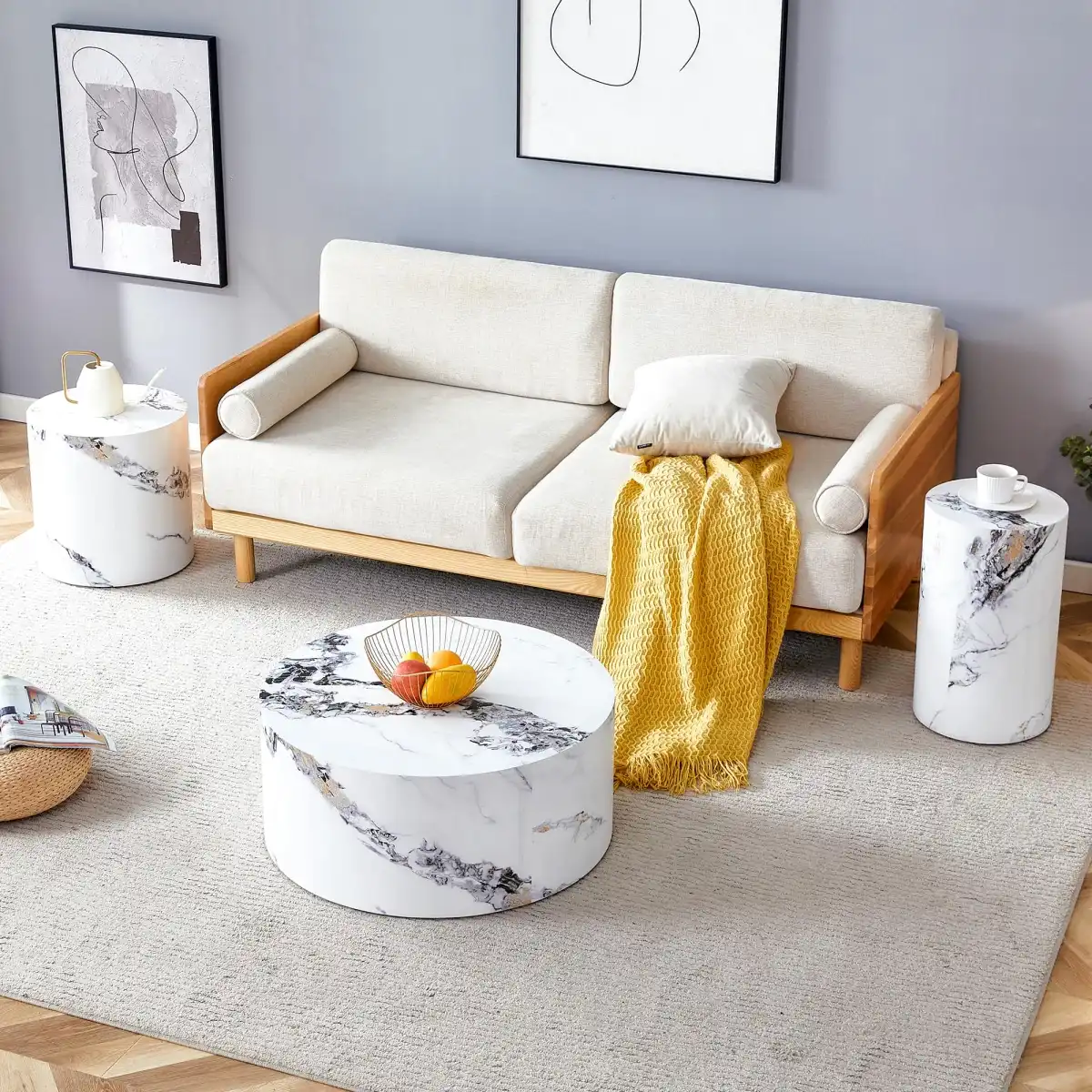 3 Piece Coffee Table Set of 3, Round Coffee Table and End Table Sets with Faux Marble Cylinder, Mordern Coffee Tables and Side Table Set for Living Room Apartment Office, No Assembling, White X 3 - Image 2