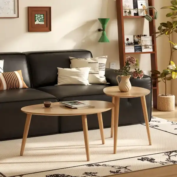 Vadisun Small Oval Nesting Table, Mid Century Coffee Table for Living Room,Solid Oak Wood End Tables,Triangle Tabletop with 3 Legs,Minimalist Display Living Tables (Original Wood Color, Combine)