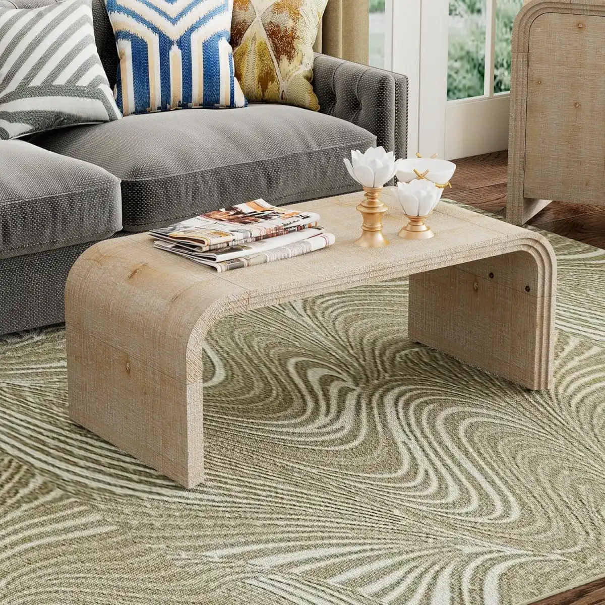 Virubi 55'' Square Coffee Table Tea Table Wood Minimalist Curved Living Room Center Table for Living Room (Natural Wood) - Image 1