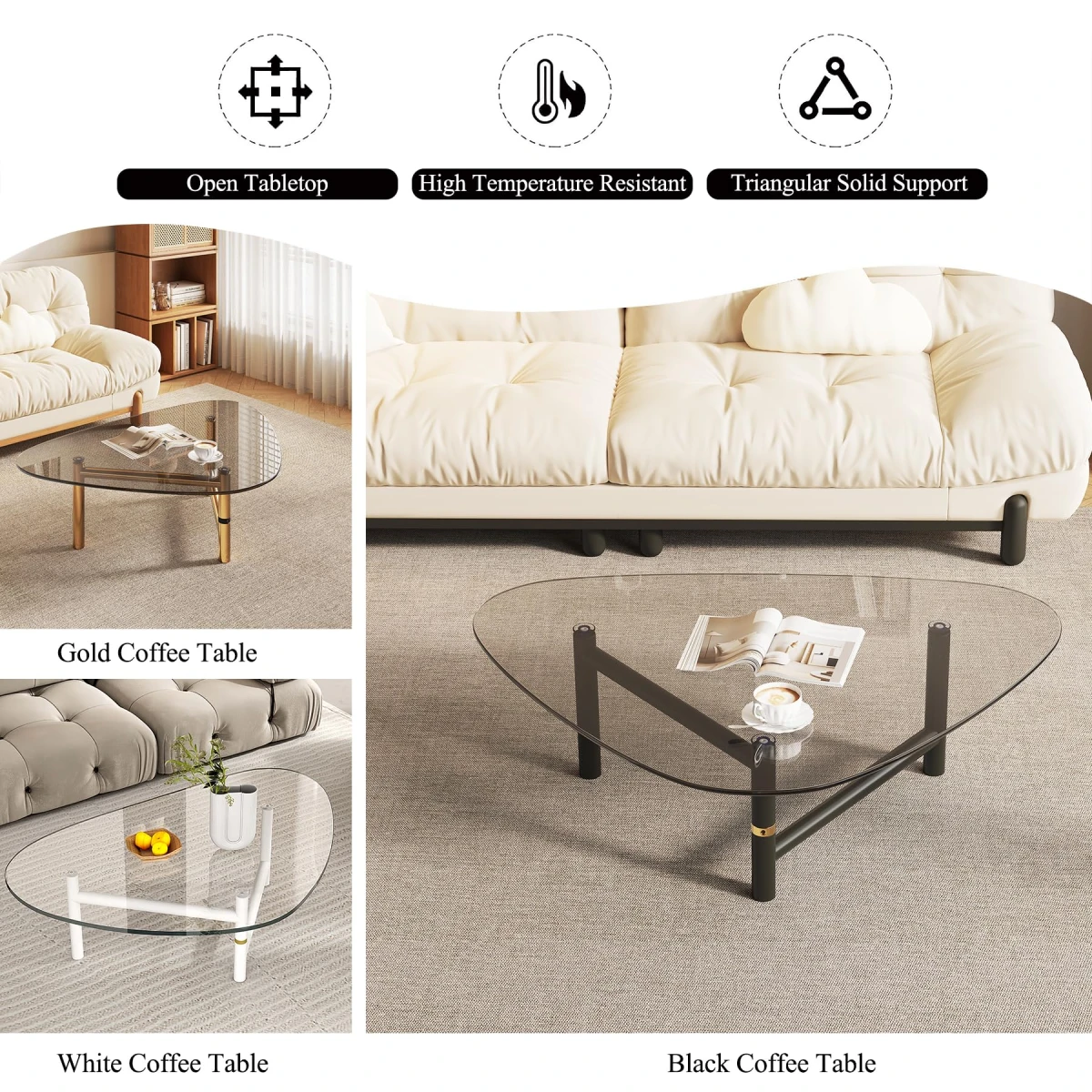 dnziqi 35.5" Small Triangle Coffee Table for Living Room, Tempered Glass Top & Sturdy Metal Legs, Space-Saving Modern Center Table for Apartments, Compact Oval Design with Easy Assembly - Image 6