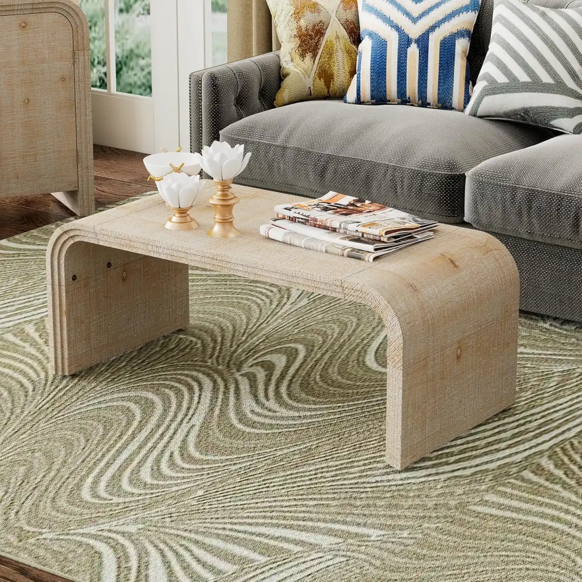 Virubi 55'' Square Coffee Table Tea Table Wood Minimalist Curved Living Room Center Table for Living Room (Natural Wood) - Image 2