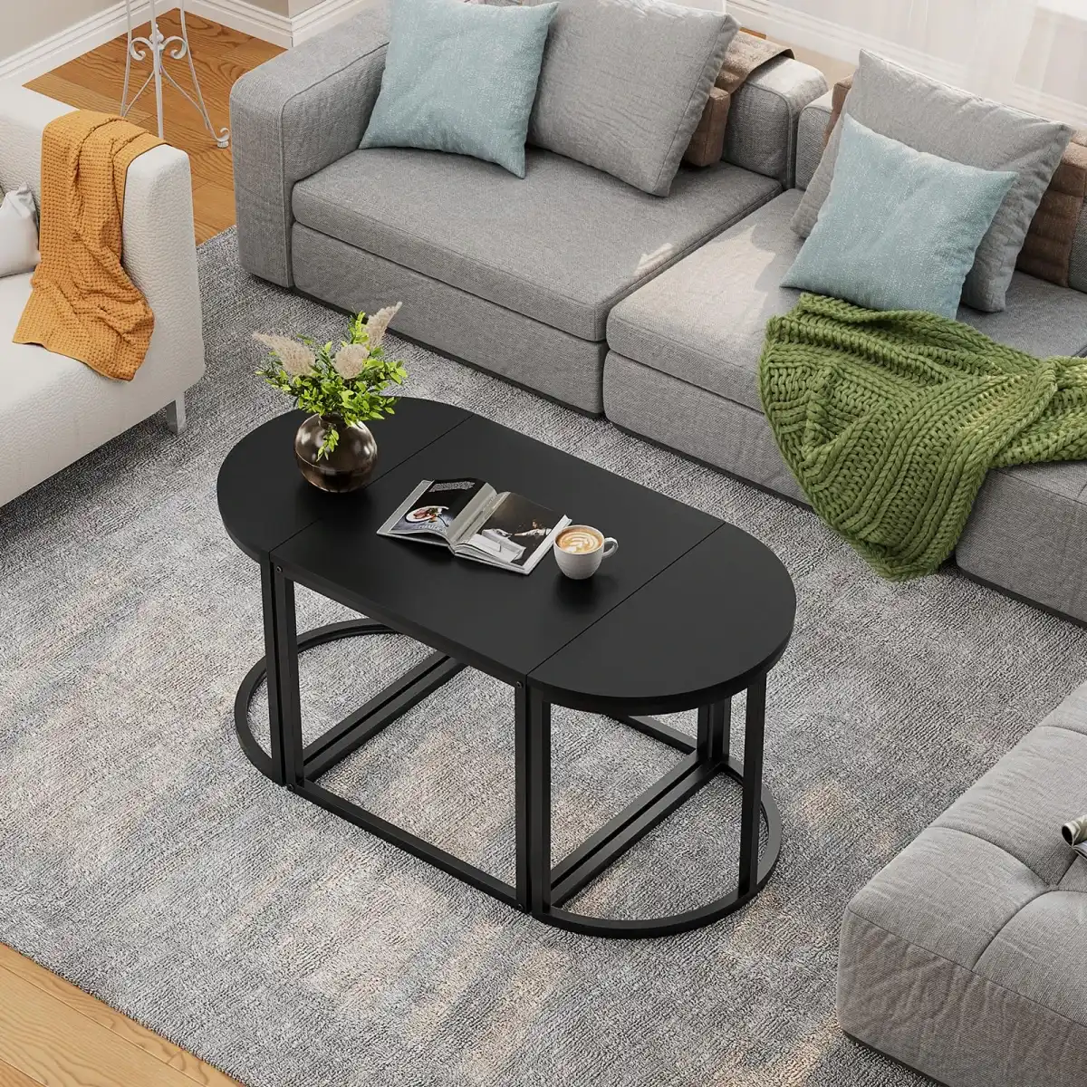 GreenForest Coffee Table Oval 3pcs Set, Modern Living Room Table with 2 End Tables, Small Center Table with Metal Frame for Home Apartment, Black - Image 7