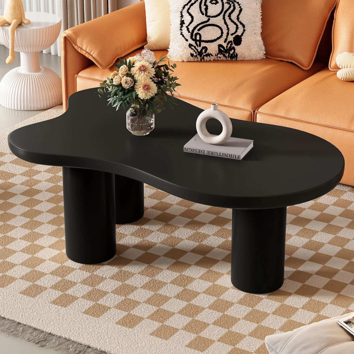 Merax 44" Cloud-Shaped Wooden Coffee Table Cream Style CenterTable with 3 Thick Legs,Minimalist Irregular EndTable - Image 1
