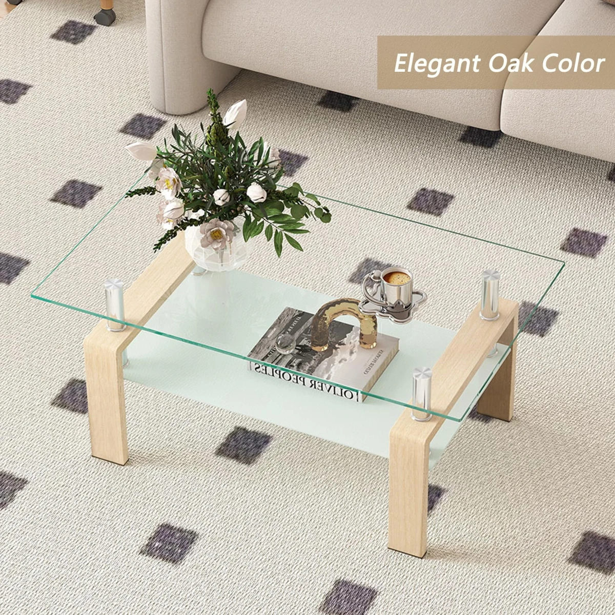 Modern Glass Coffee Table and End Table Set of 3 for Living Room, Rectangle 2-Layer with Storage, Oak Small Sofa Side Tables White Top with Wheels Furniture for Home Office, White - Image 3