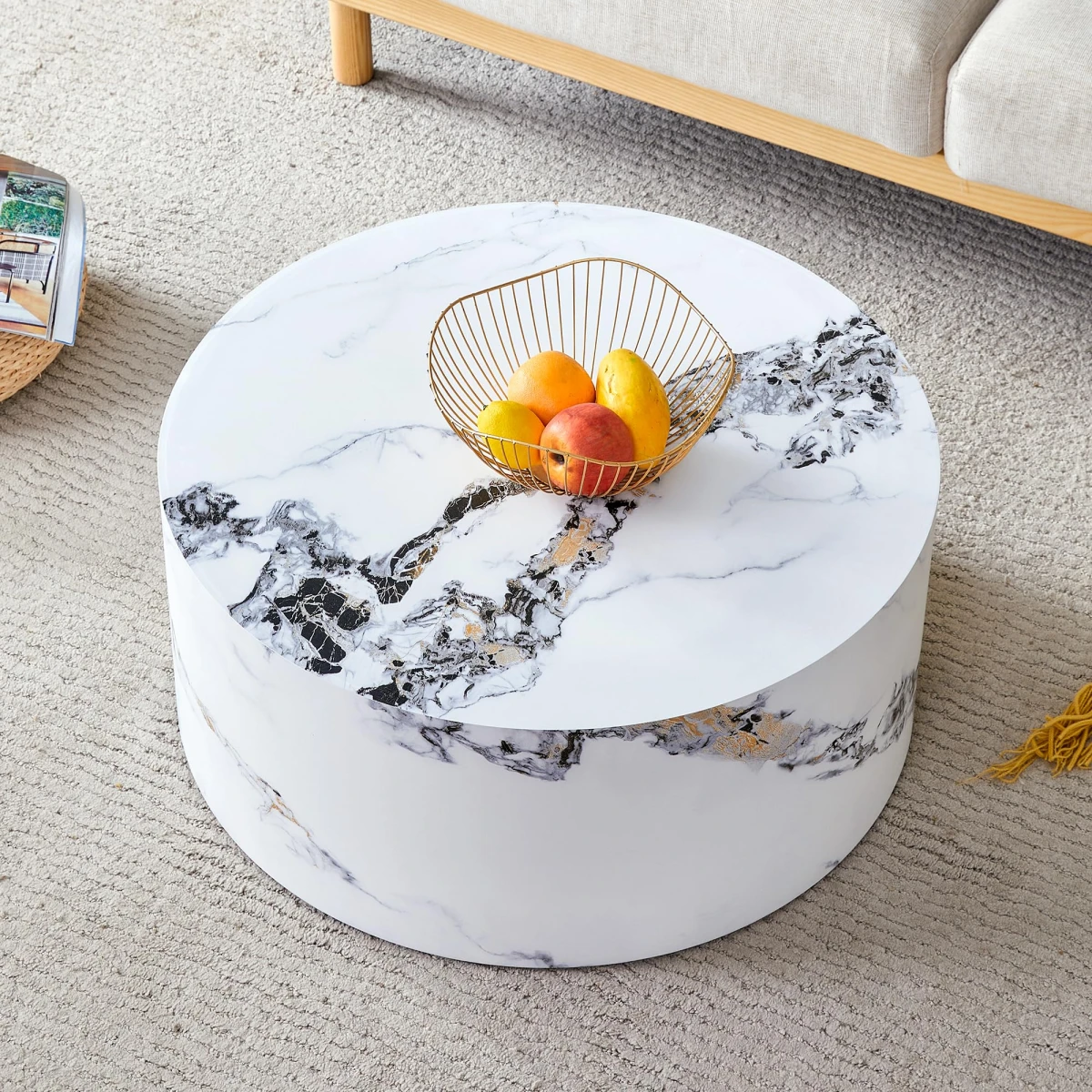 3 Piece Coffee Table Set of 3, Round Coffee Table and End Table Sets with Faux Marble Cylinder, Mordern Coffee Tables and Side Table Set for Living Room Apartment Office, No Assembling, White X 3 - Image 9
