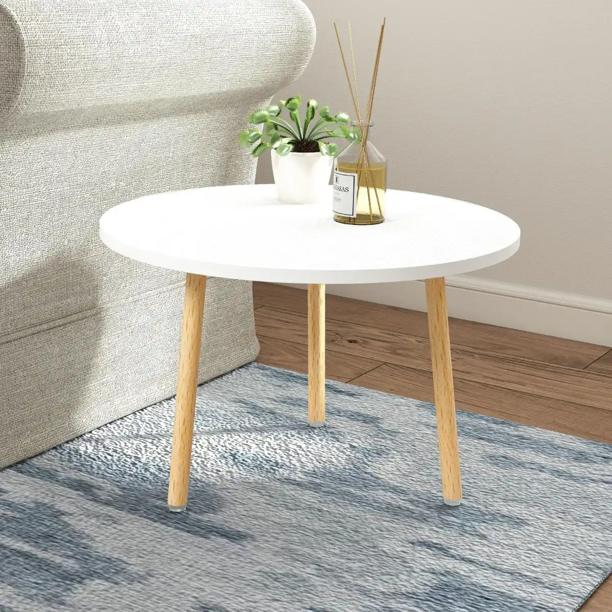 Funecy Round Coffee Table Low Table with 3 Solid Wood Sturdy Legs, Floor Table Desk for Sitting on The Floor, Storage and Living Room Furniture (White) - Image 5