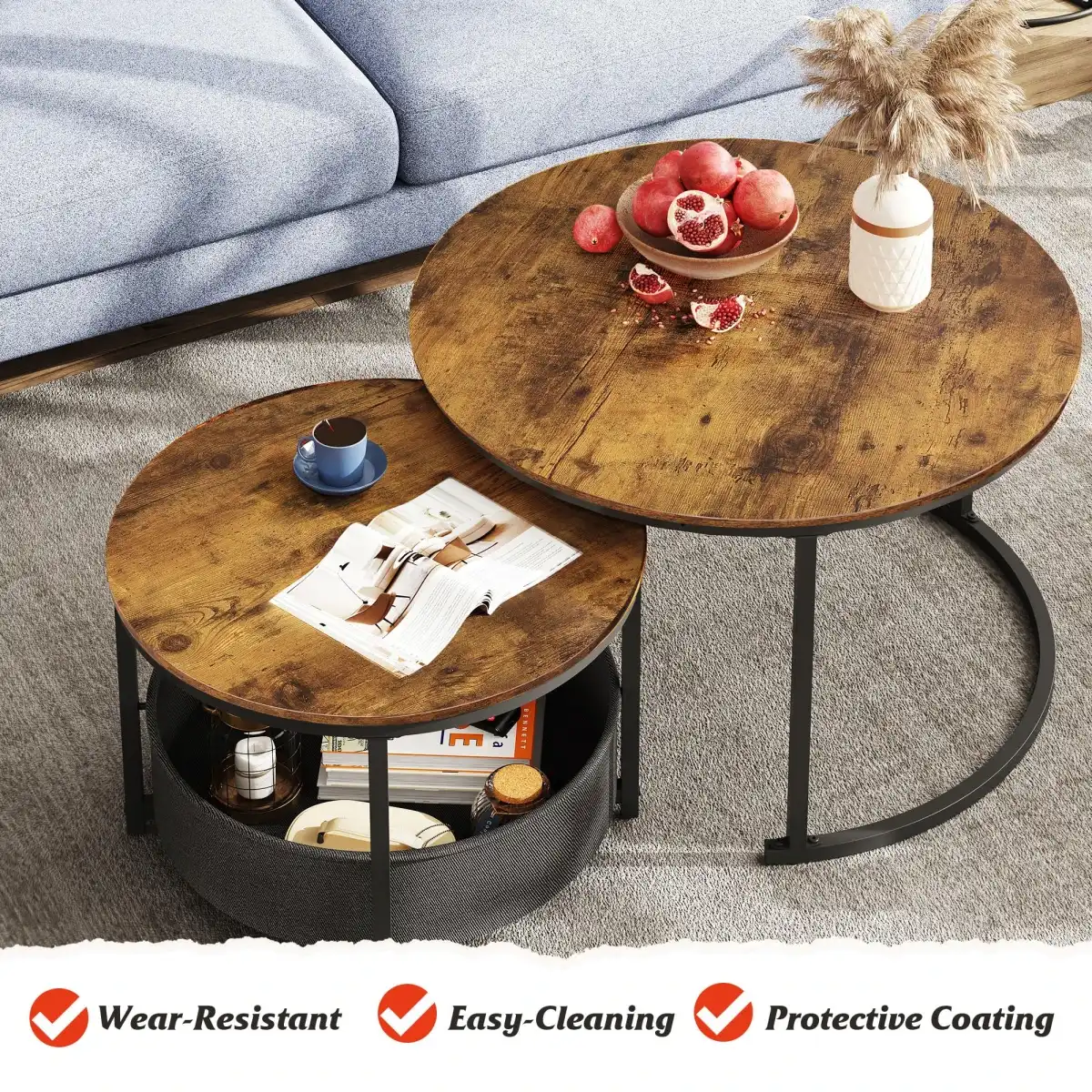 WLIVE Round Coffee Table Set of 2, 31.5" Nesting Coffee Table with Storage, Industrial Minimalist Center Table with Metal Frame, Easy Assembly for Living Room, Apartment, Rustic Brown - Image 4